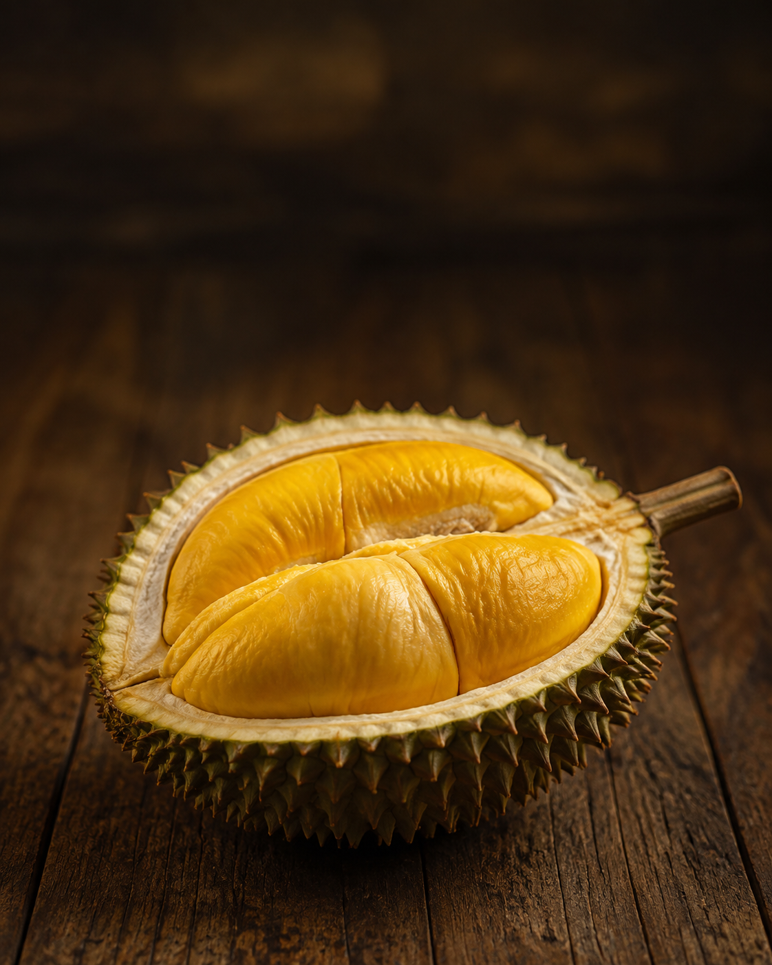A freshly opened durian on a rustic wooden table
